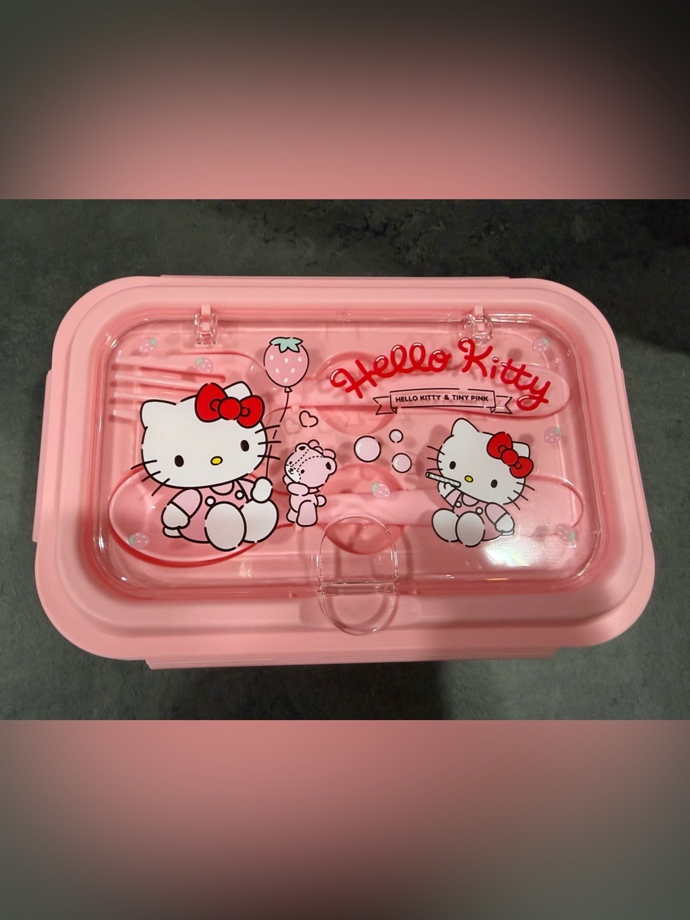NEW In Bag Hello Kitty Pink Lunch Box with Fork and Spoon